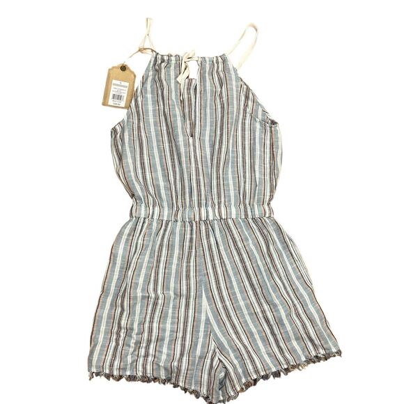 New Striped Romper Sz S Blue White Raw Edge Halter Pockets Beachy True Craft NWT - Picture 2 of 16